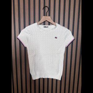 Ralph Lauren Top Small Women White Cable Tight Knit Short Sleeve Y2K Fitted Cute